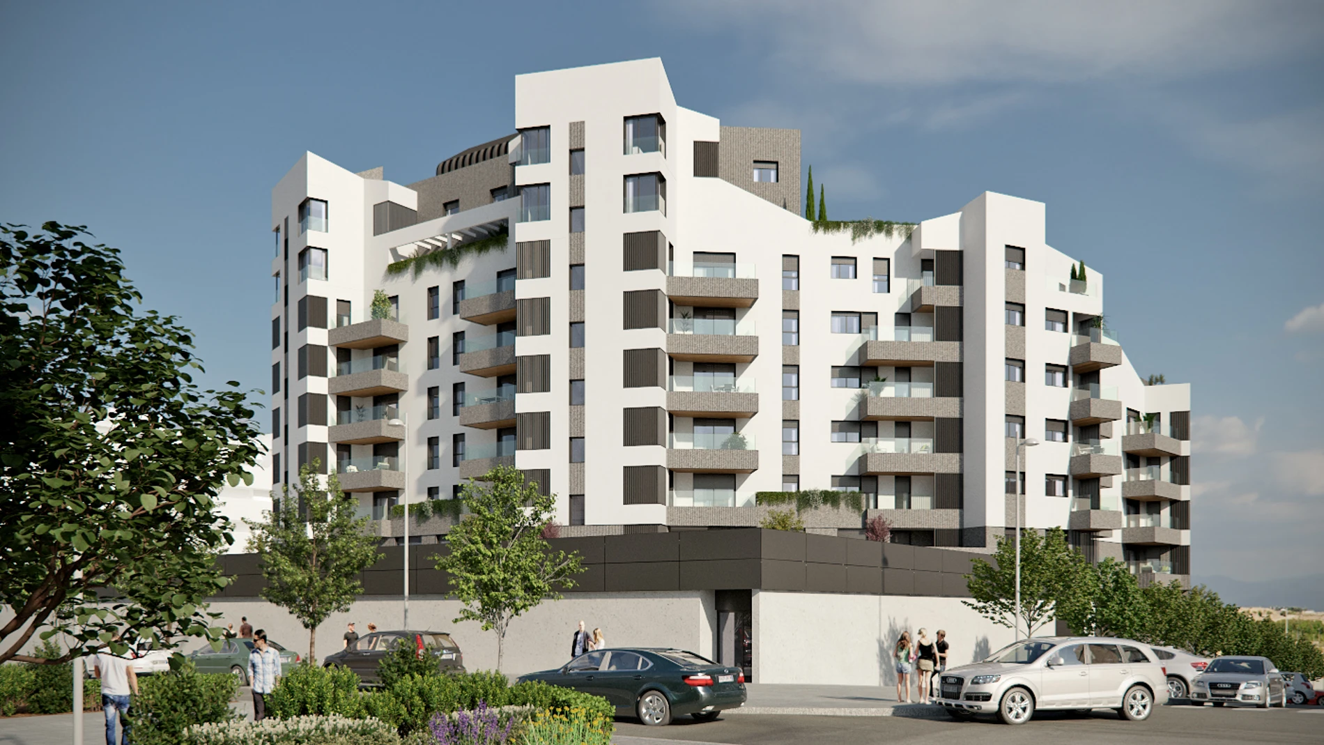 Infografía del residencial privado de la promoción Valdebebas Urban S. Cooop, donde se aprecian sus amplias terrazas e impresionantes áticos