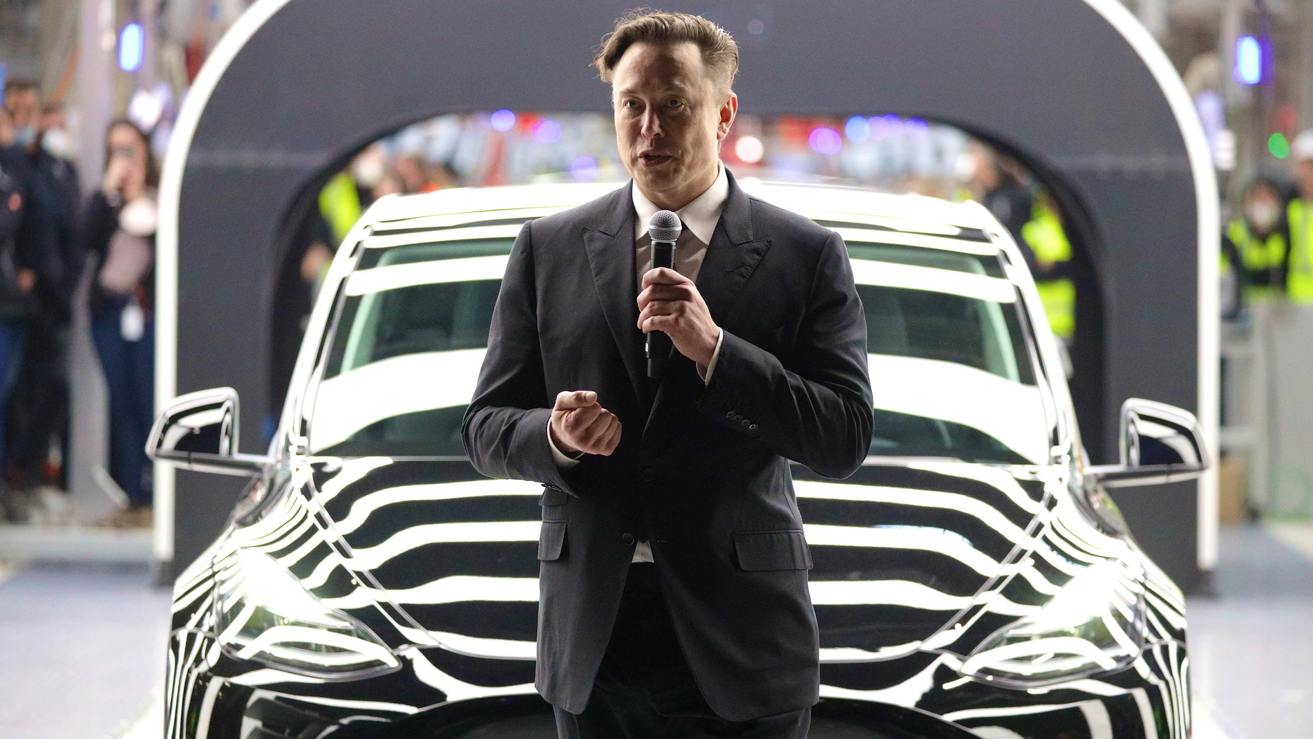 El consejero delegado de Tesla, Elon Musk, en el acto de inauguración de la "gigafactoría" de Gruenheide, cerca de Berlín