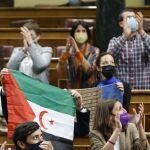 Diputados de Unidas Podemos ondean banderas saharauis mientras aplauden al representante del Frente Polisario en España, Abdulah Arabi, durante el pleno que se celebra este martes en el Congreso