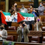 Diputados de Unidas Podemos ondean banderas saharauis durante el pleno que se celebra este martes en el Congreso
