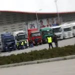 Camiones en Huelga en el Wanda Metropolitano de Madrid a finales del pasado mes de marzo