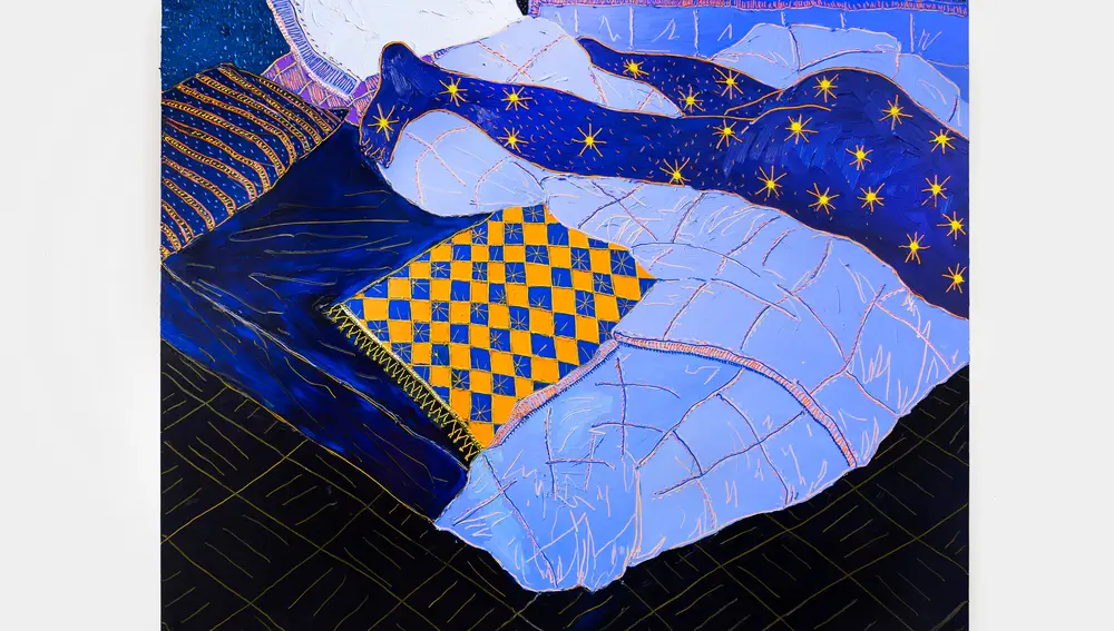 Giuseppe Mulas, Looking for the night away, 2022, acrilico, olio, spray su tela di lino, 180x220 cm, courtesy dell'artista e della Galleria