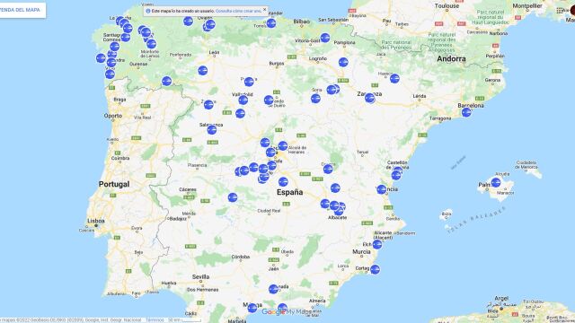 Las 65 localizaciones de radares veloláser identificadas por usuarios de SocialDrive en las carreteras españolas.