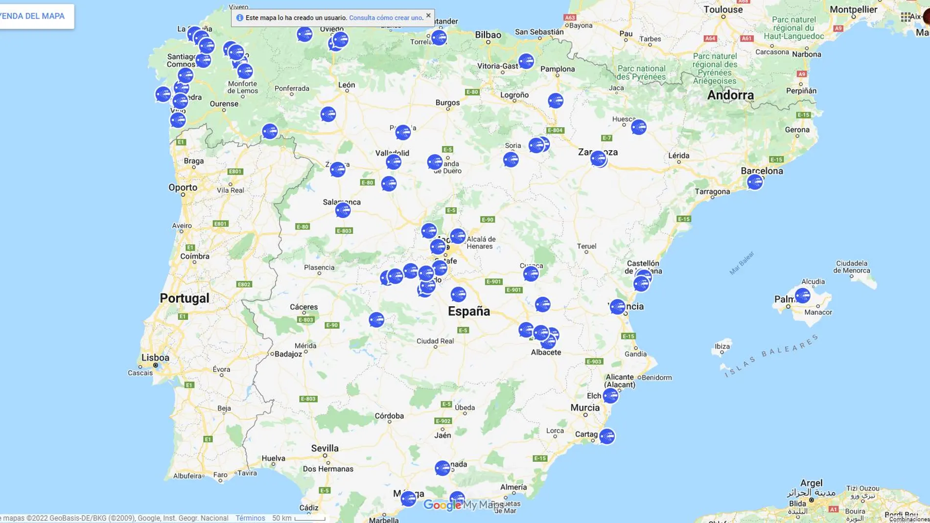 Las 65 localizaciones de radares veloláser identificadas por usuarios de SocialDrive en las carreteras españolas.