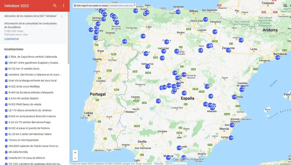 El mapa de SocialDrive con el listado de localizaciones de los radares &quot;invisibles&quot;.