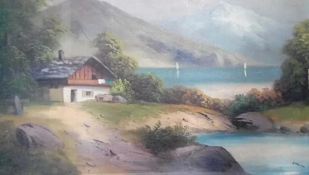 Casa en un lago con montañas por Adolf Hitler, 1910