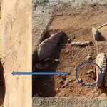Imagen facilitada del enterramiento en fosa junto a la cámara funeraria de la Tumba 15, con la ubicación de la fosa (d) y el detalle de los restos óseos humanos (i). EFE/Universidad de Granada