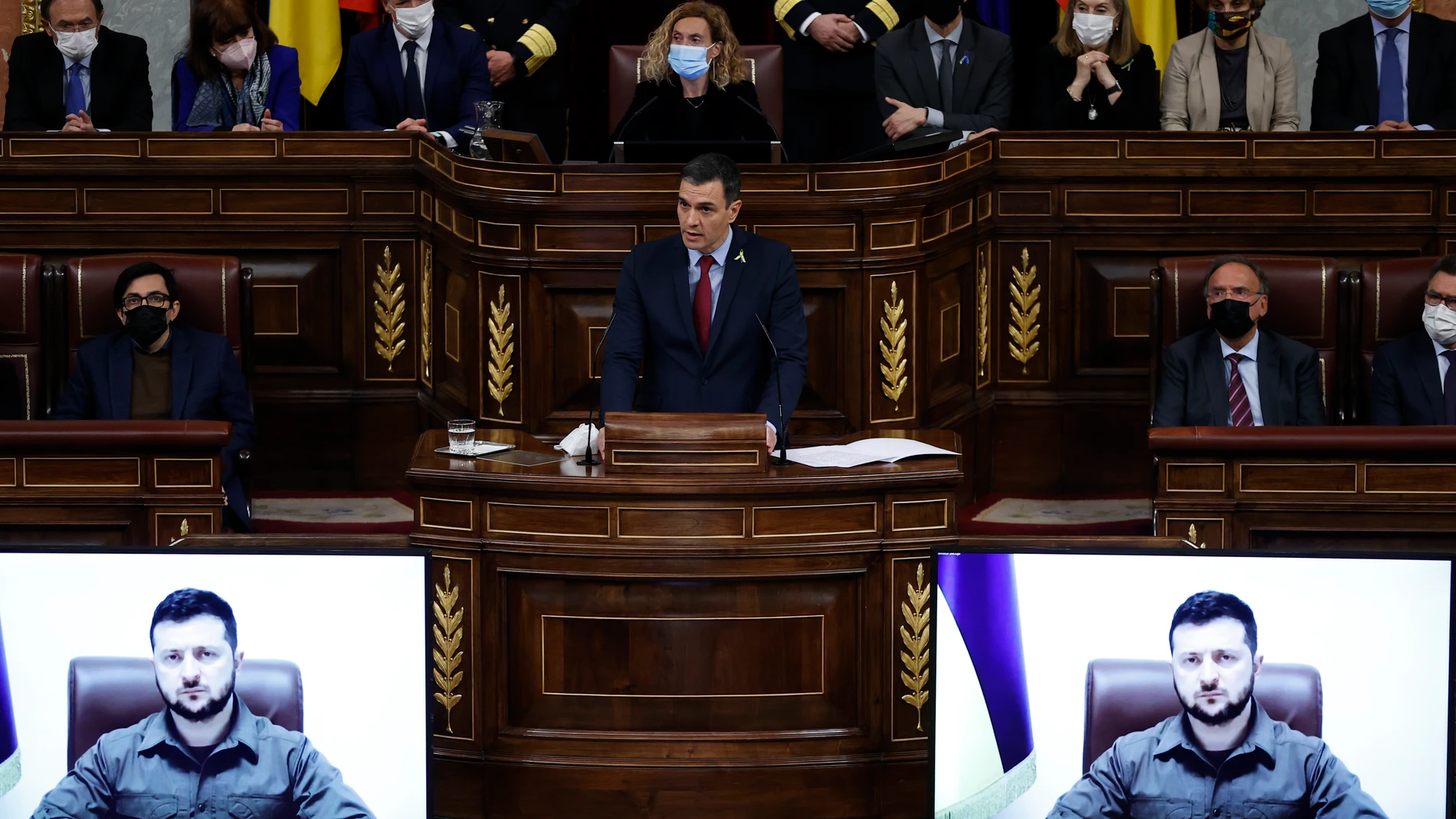 Pedro Sánchez interviene tras la intervención en el Congreso por videoconferencia del presidente de Ucrania, Volodimir Zelenski