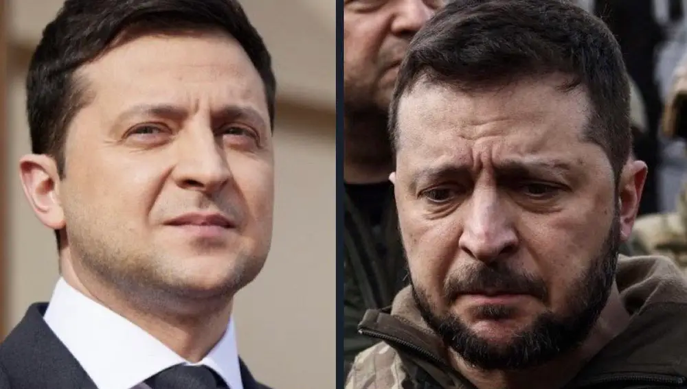 A la izquierda, Zelenski con traje y corbata para dirigirse a la nación el 23 de febrero. A la derecha, 41 días después, el líder ucraniano vestido con una chaqueta militar verde y luciendo barba