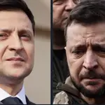A la izquierda, Zelenski con traje y corbata para dirigirse a la nación el 23 de febrero. A la derecha, 41 días después, el líder ucraniano vestido con una chaqueta militar verde y luciendo barba