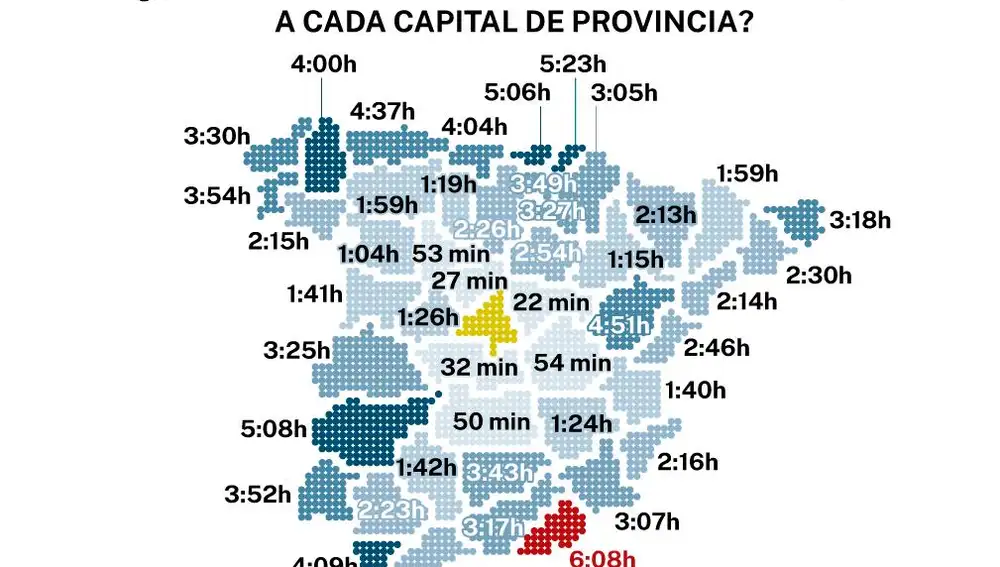 Tiempos de recorrido de los trenes desde Madrid a las capitales de provincia