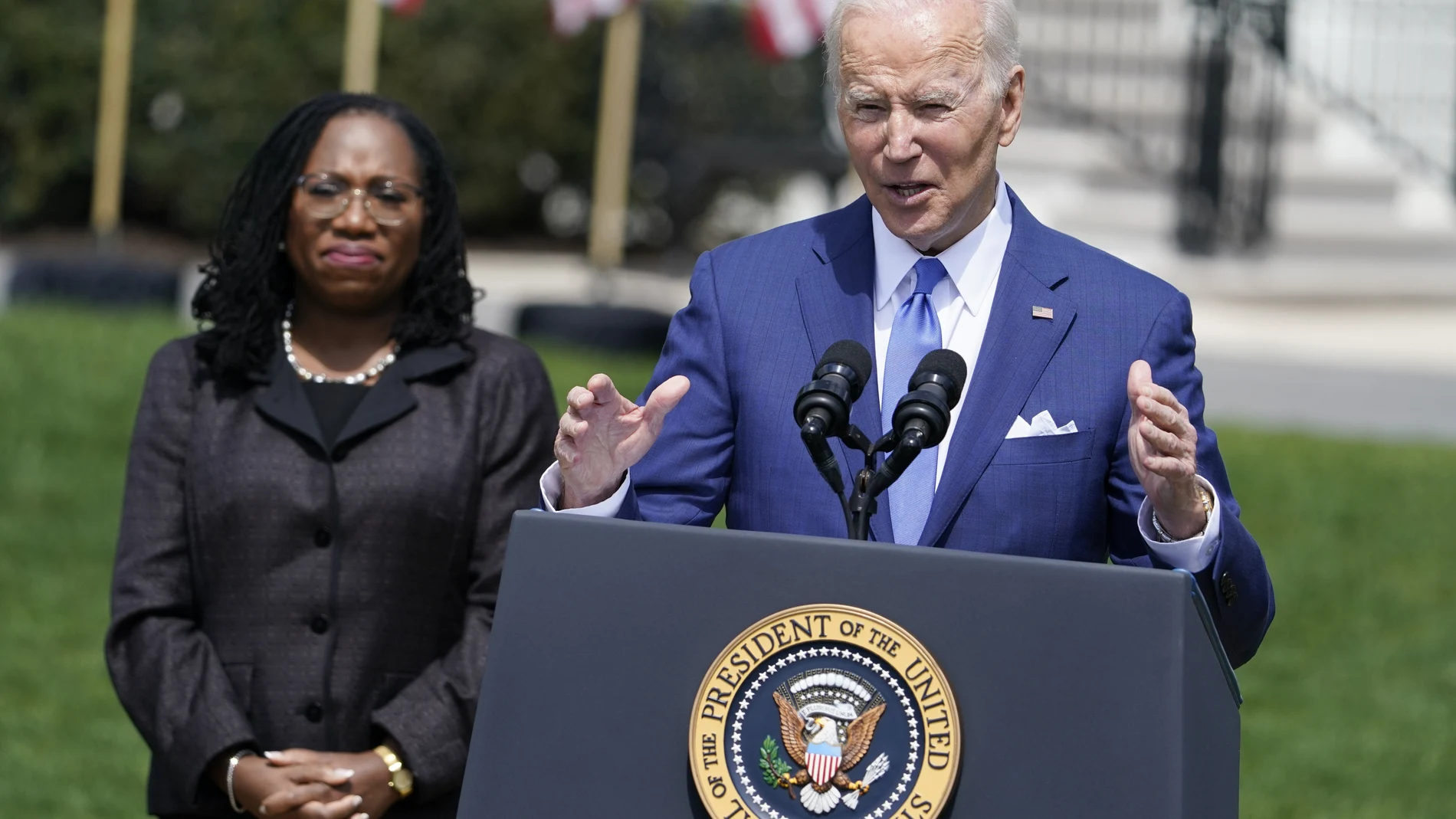 President Joe Biden, accompanied by Judge Ketanji Brown Jackson, speaks during an event on the South Lawn of the White House in Washington, Friday, April 8, 2022, celebrating the confirmation of Jackson as the first Black woman to reach the Supreme Court. (AP Photo/Andrew Harnik)