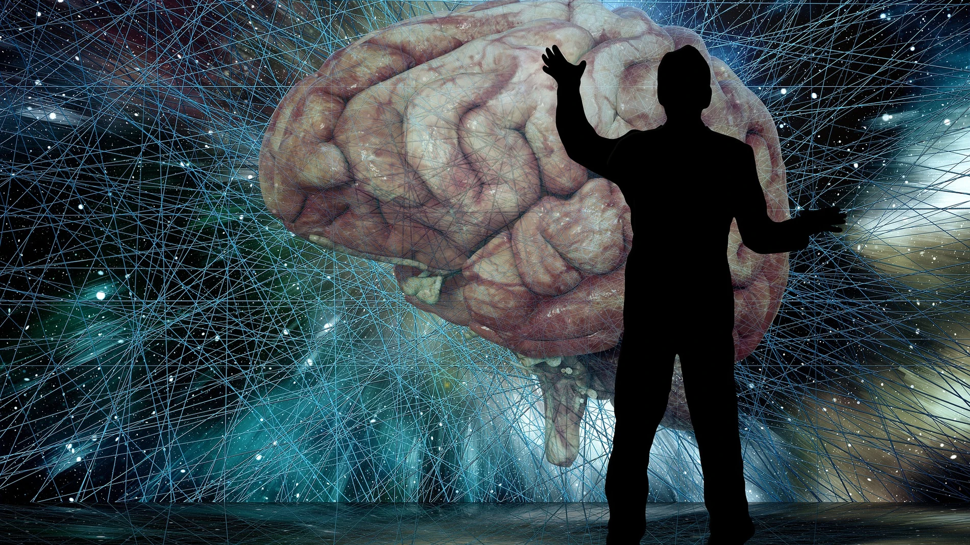 Una silueta de una persona con las manos en alto mirando un cerebro, con un fondo de líneas y luces que asemeja el espacio exterior