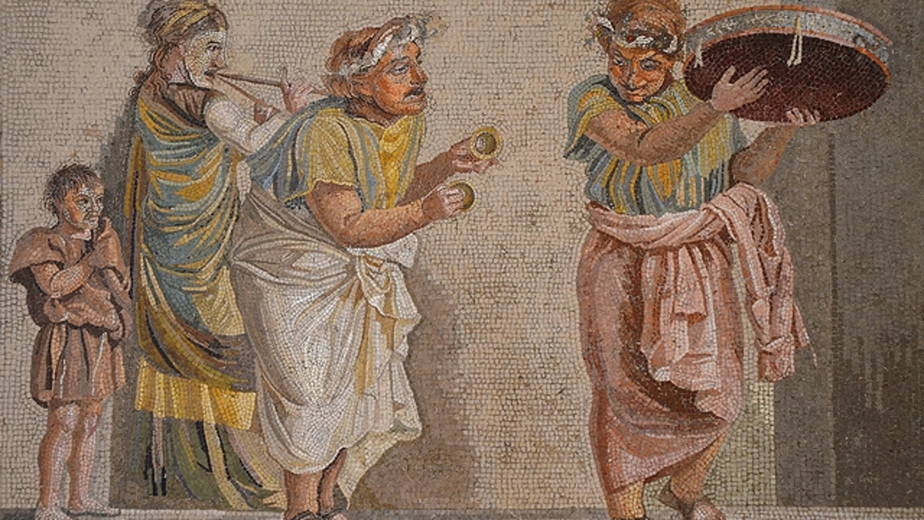 Mosaico con una escena teatral, uno de los grandes foros para el humor en la cultura griega y romana