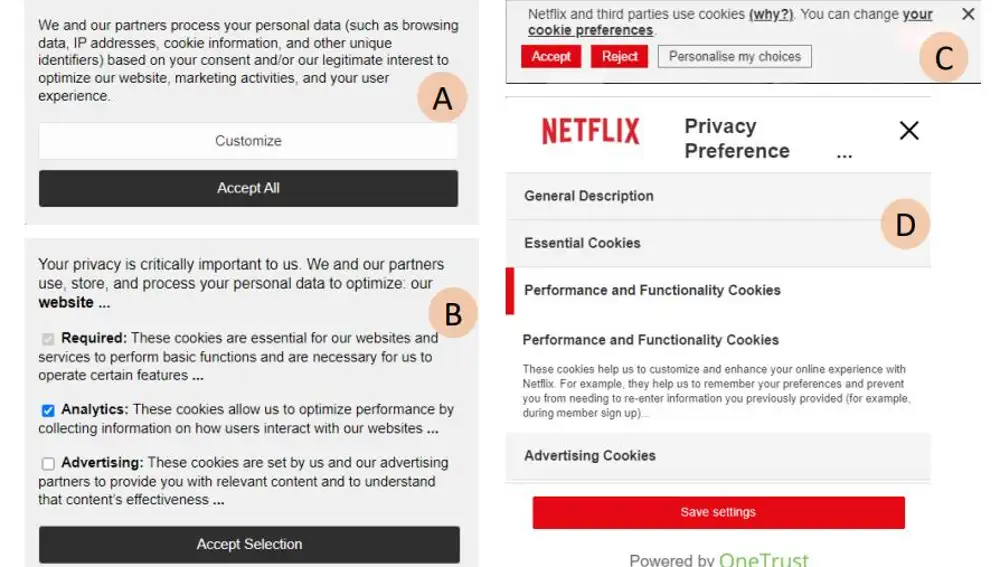 Primera vista del aviso de &quot;cookies&quot; en las Wordpress (A) y Netflix (C) y segunda vista (B y D) con las opciones de personalización disponibles para el usuario.