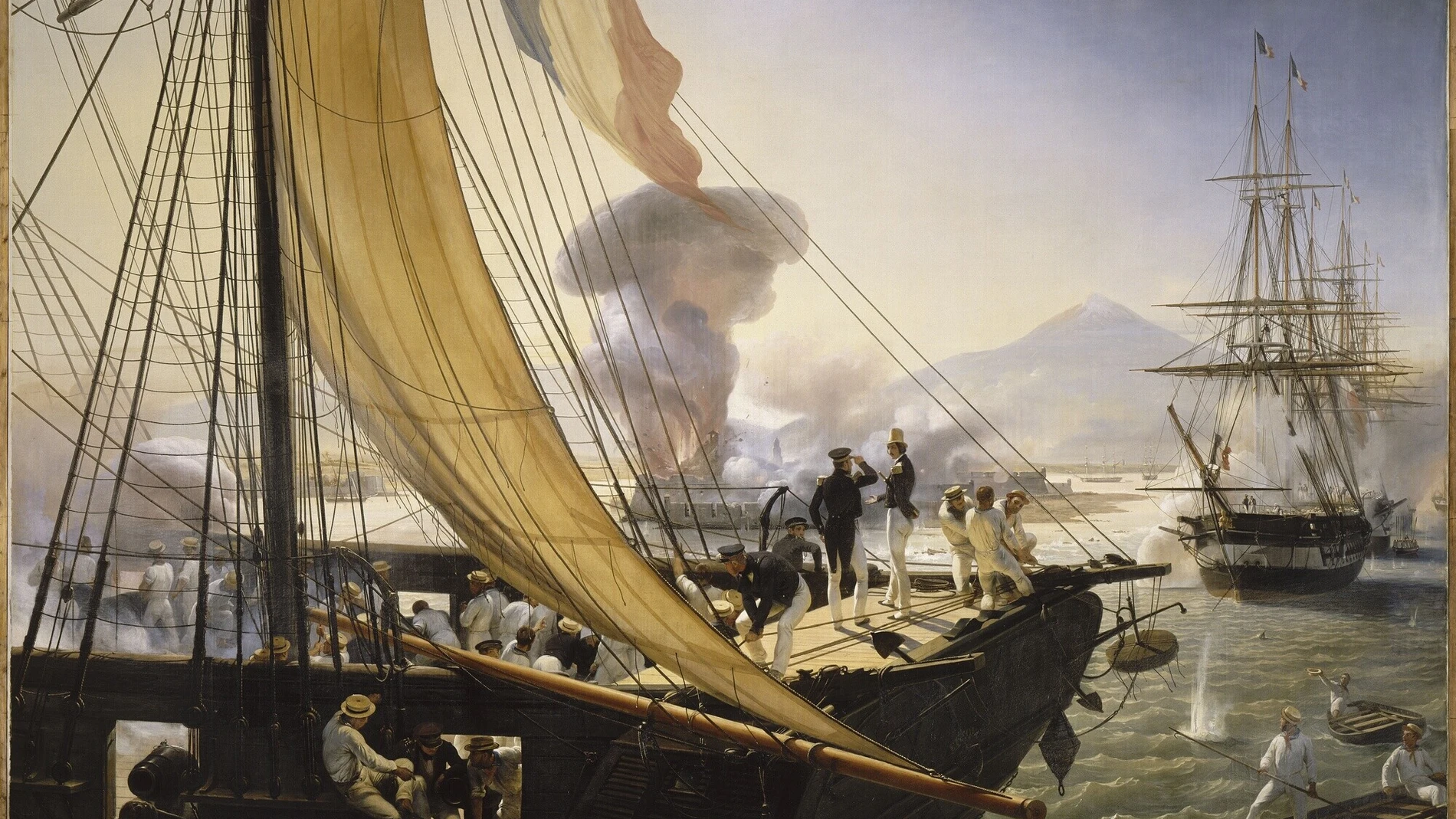 Pintura de Horace Vernet del bombardeo de San Juan de Ulúa visto desde la corbeta francesa La Créole. En la proa del barco, el príncipe de Joinville recibe el informe del teniente de navío Penaud y asiste a la explosión de la torre del fuerte en noviembre de 1838