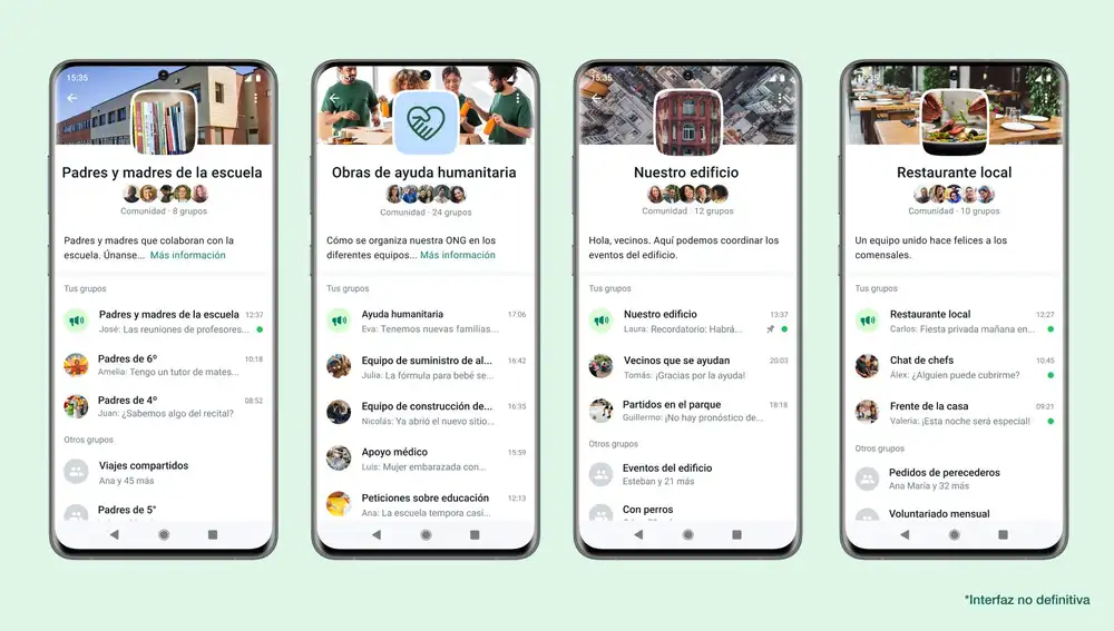 Cuatro ejemplos de Comunidades en WhatsApp.