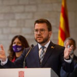 El presidente de la Generalitat, Pere Aragonès, en su comparecencia tras valorar el supuesto caso de espionaje a independentistas