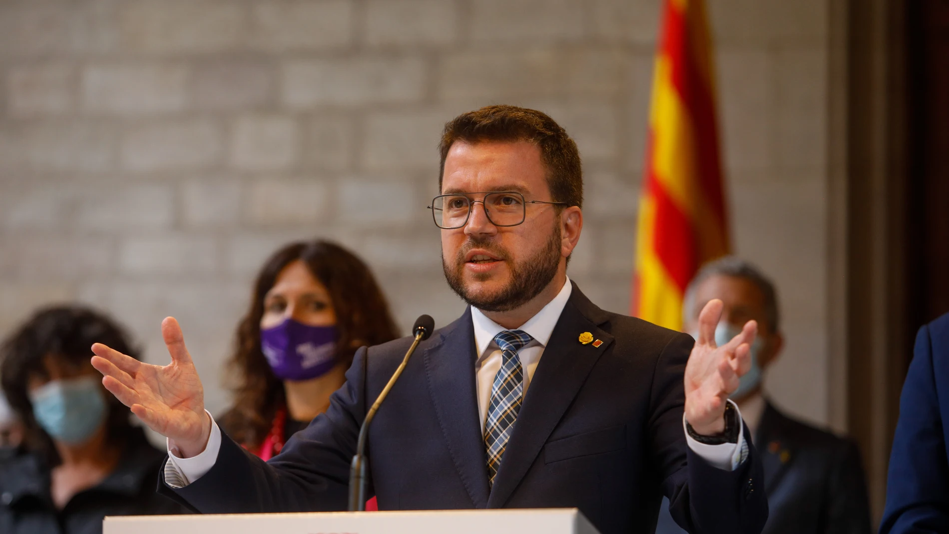 El presidente de la Generalitat, Pere Aragonès, en su comparecencia tras valorar el supuesto caso de espionaje a independentistas