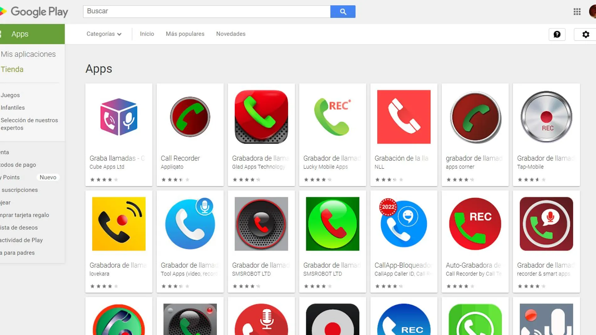 Google Play mostrando "apps" de grabación de llamadas.