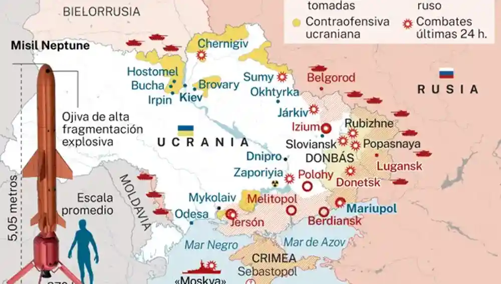 Mapa con los principales enfrentamientos en el este de Ucrania