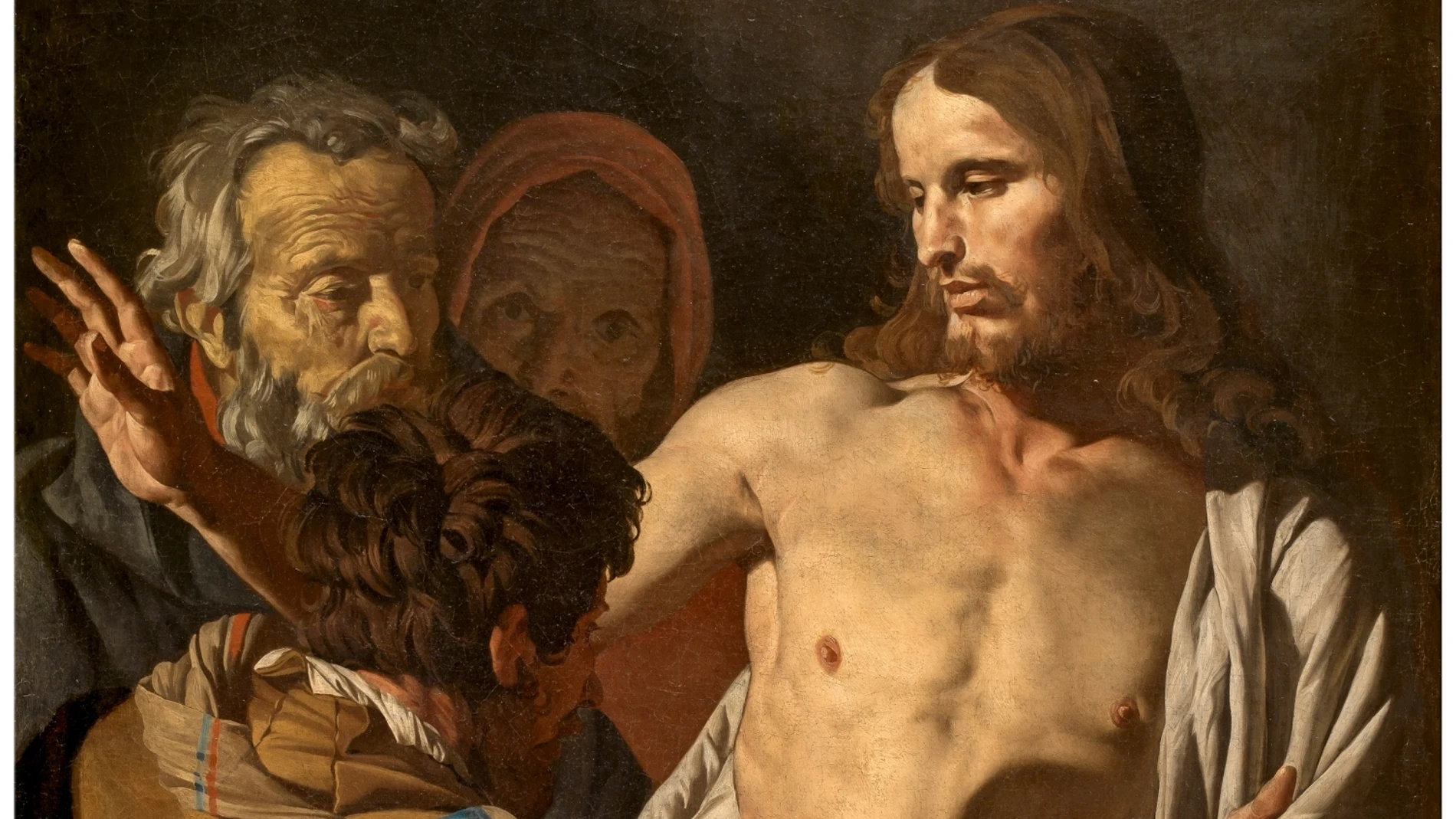 Pintura de Caravaggio, "La incredulidad de Tomás", que está en el Prado.