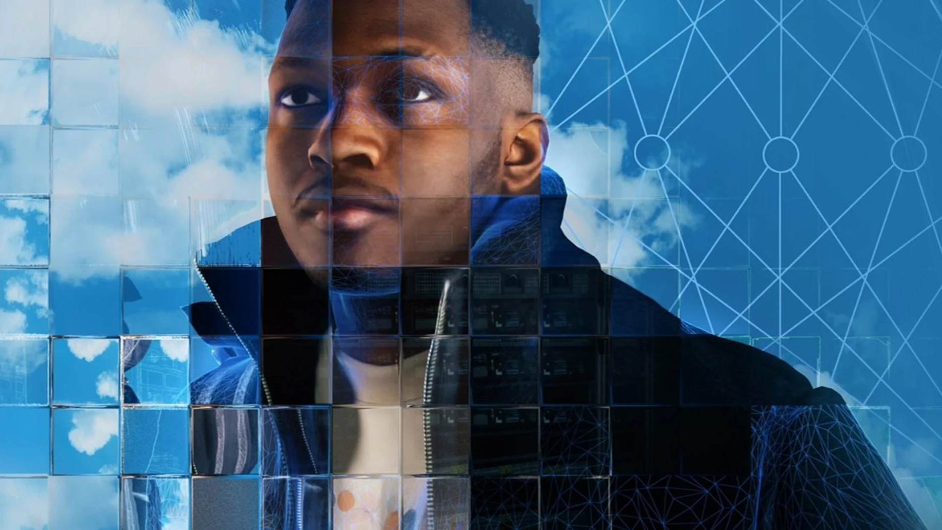 Renderizado fotográfico de un hombre negro, joven, de pie con el cielo azul y algunas nubesde fondo, visto a través de una red de cuadros cristalinos y con un diagrama de red neuronal superpuesto.
