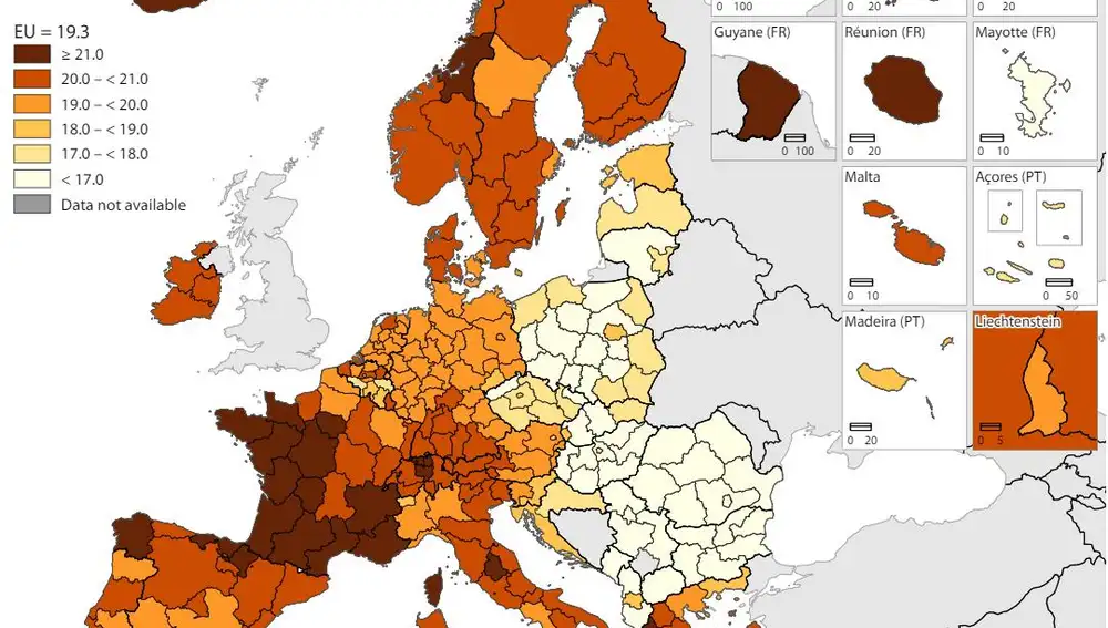 Esperanza de vida a los 65 años en la UE en 2020