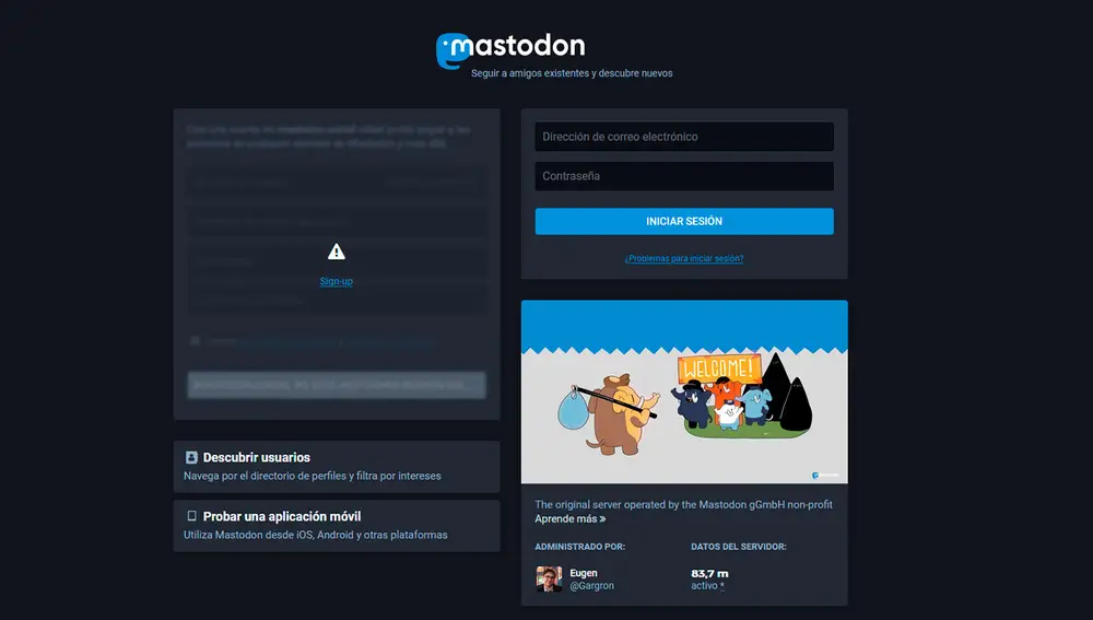 Pantalla de ingreso a la versión web de Mastodon.