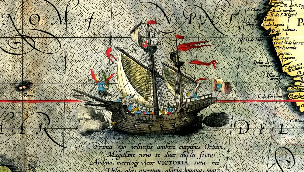 Detalle de un mapa creado por Abraham Ortelius en 1590, donhde se muestra la Nao Victoria, único buque que sobrevivió a toda la Circunnavegación