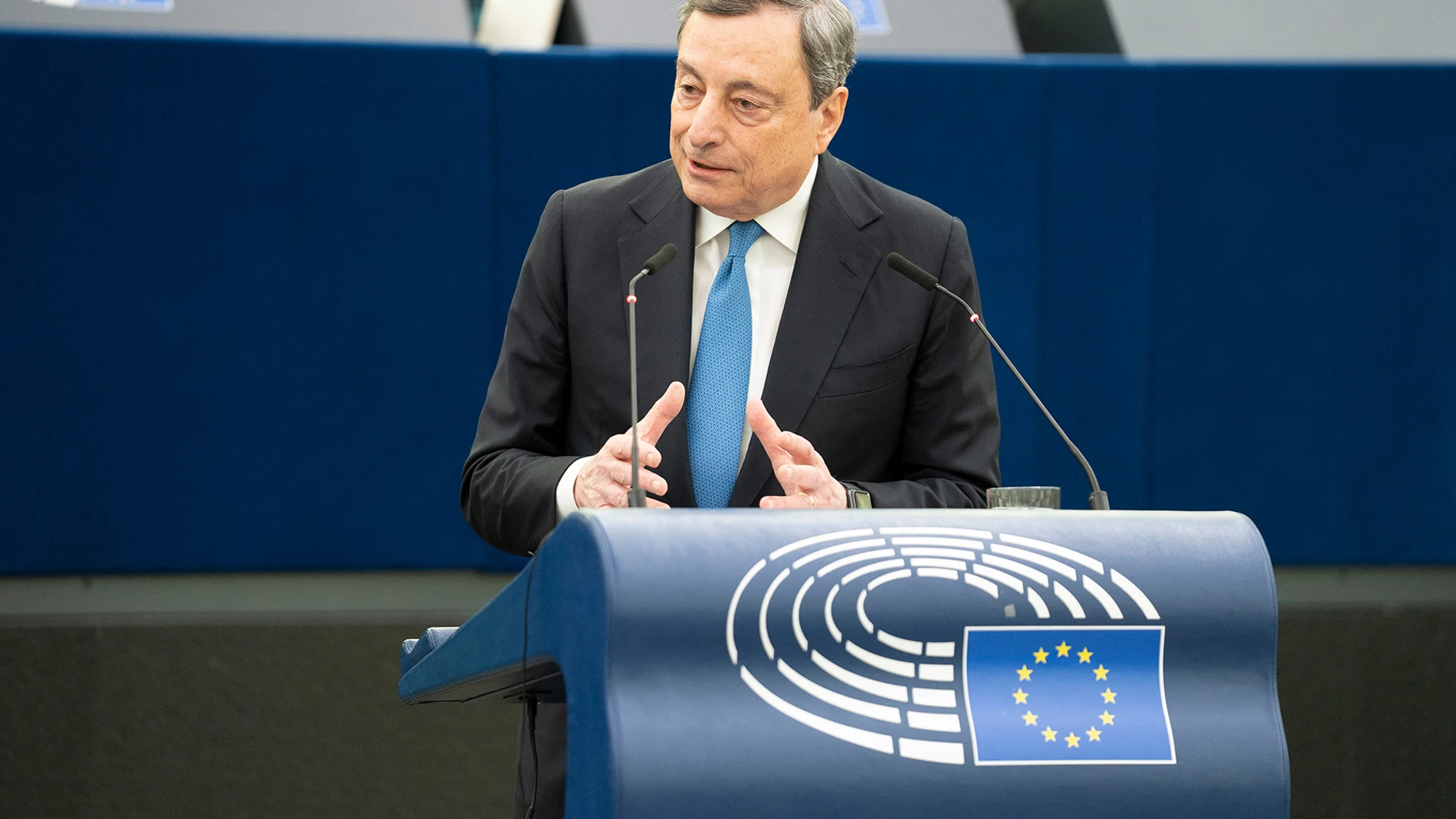 El primer ministro italiano, Mario Draghi, durante su comparecencia este martes en el Parlamento Europeo