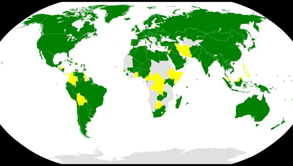 En verde, los países que han firmado y ratificado el Tratado sobre el espacio ultraterrestre de 1967 y en amarillo los que solo lo han firmado.