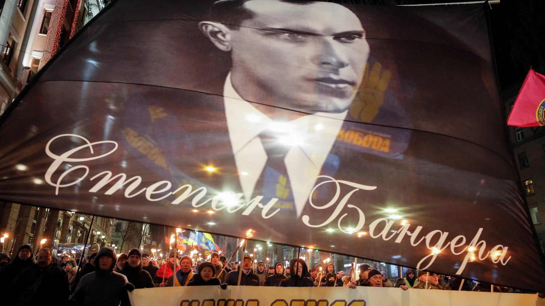 Imagen de Stepán Bandera en un acto en Ucrania en 2019 con motivo de su aniversario