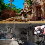 Combo de dos fotografías, arriba Reo, el dragón de Komodo procedente de un parque de conservación de Gran Canarias que se mudó a Bioparc Fuengirola (Málaga) en 2006, pesa 45 kilos y tiene 17 años, y genéticamente es apropiado para trabajar en su reproducción y ayudar, así, a garantizar la supervivencia de su especie. Abajo el momento en que es operado de cataratas, siendo el primero en Europa y el tercero del mundo, en su especie, al que intervienen por esta afección ocular. EFE/BIOPARC-FUENGIROLA