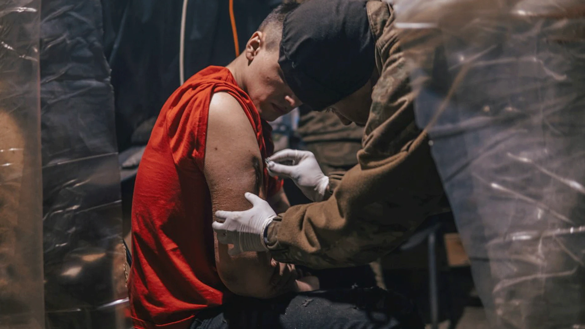 A handout picture made available by Regiment Azov press service shows an injured Ukrainian serviceman in a shelter at the Azovstal Iron and Steel Plant in Mariupol, Ukraine.