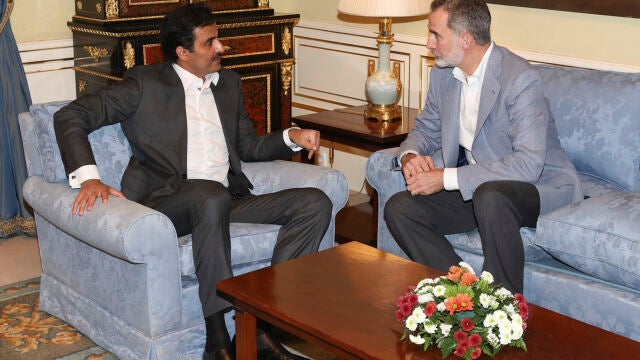 El rey de España Felipe VI (d) durante su audiencia con el jeque Tamim bin Hamad Al Thani, emir de Catar (i), este lunes en el Palacio Real del Pardo en Madrid