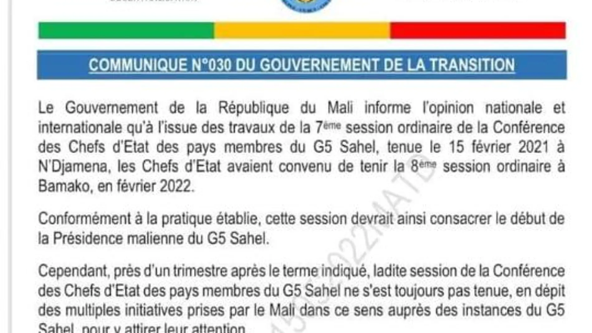 Comunicado del Gobierno de Mali en el que anuncia su retirada del G-5