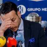 El presidente del Hereda San Pablo Burgos, Félix Sancho, comparece ante los medios de información tras el descenso de categoría del club a la liga LEB Oro, este lunes en Burgos