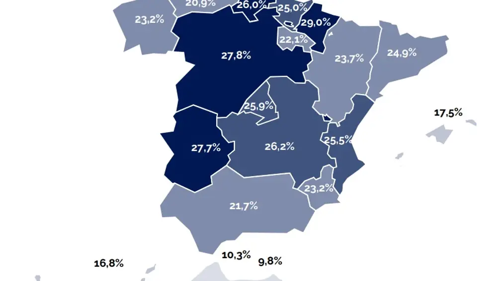 Mapa del índice de jóvenes fumadores en las diferentes comunidades autónomas del estudio &quot;Impacto del cáncer en España&quot; de la Asociación Española Contra El Cáncer