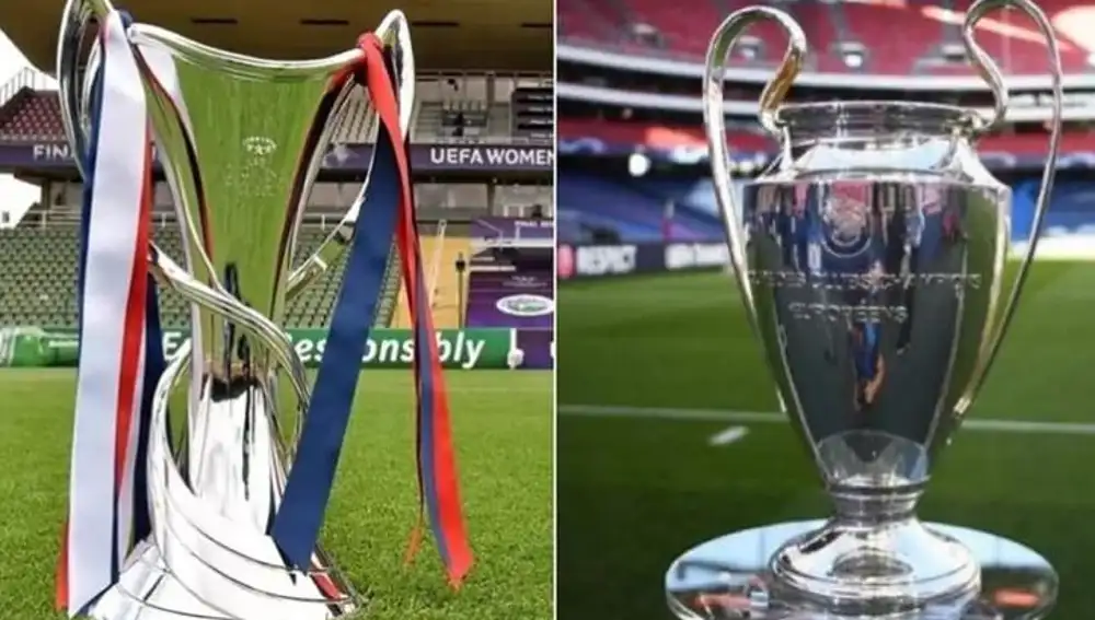 Trofeos de la Champions League femenina (izquierda) y masculina