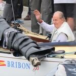 Don Juan Carlos en la embarcación "Bribón" el pasado mes de mayo en Sanxenxo