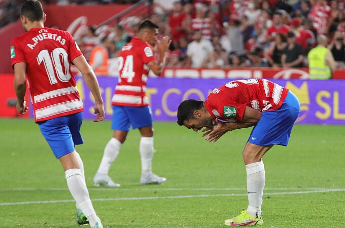El delantero del Granada Jorge Molina (d) tras fallar un penalti durante el partido de la última jornada de Liga en Primera División. EFE/Pepe Torres.