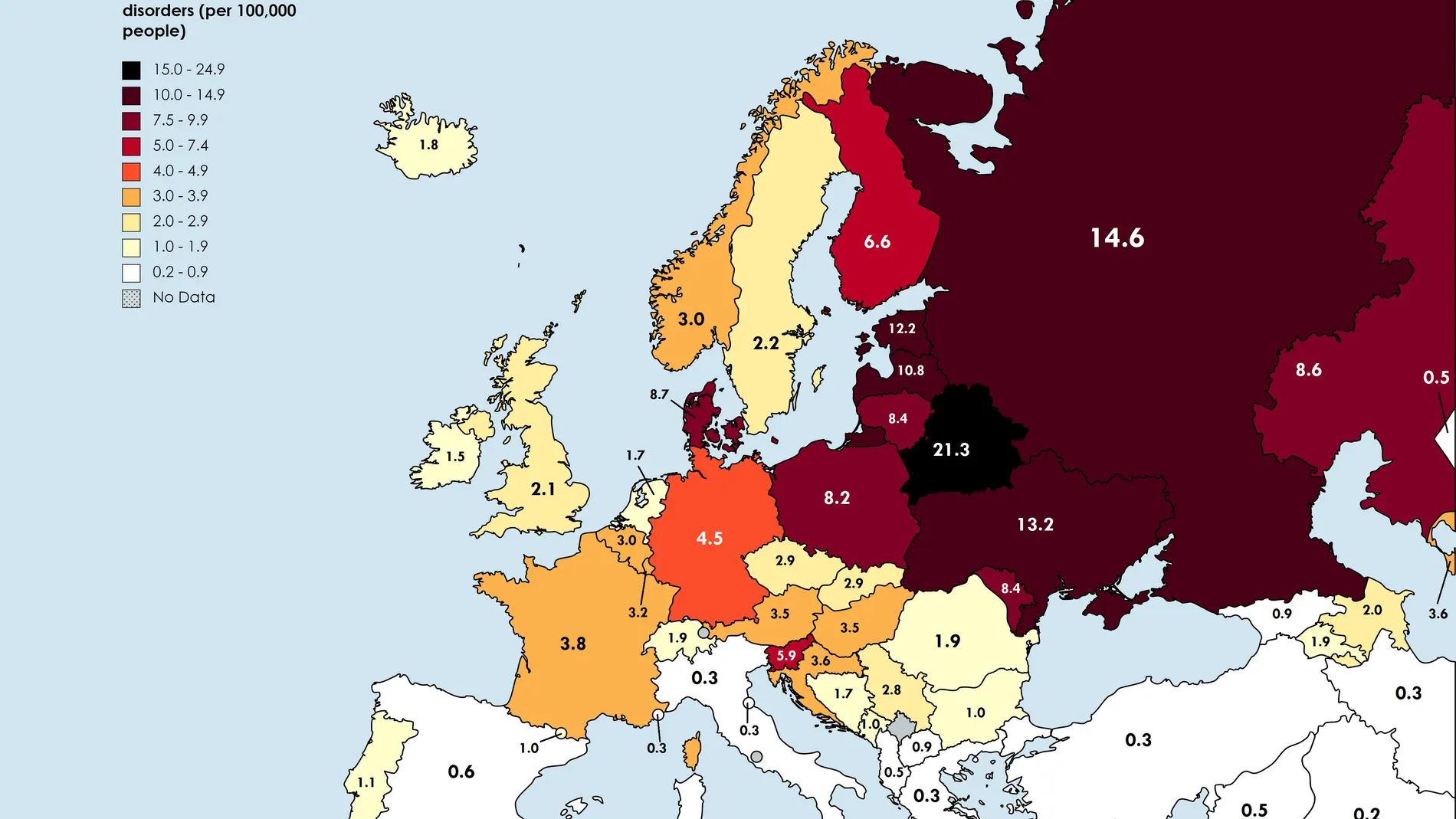 Mapa de la tasa de mortalidad por alcohol de Europa