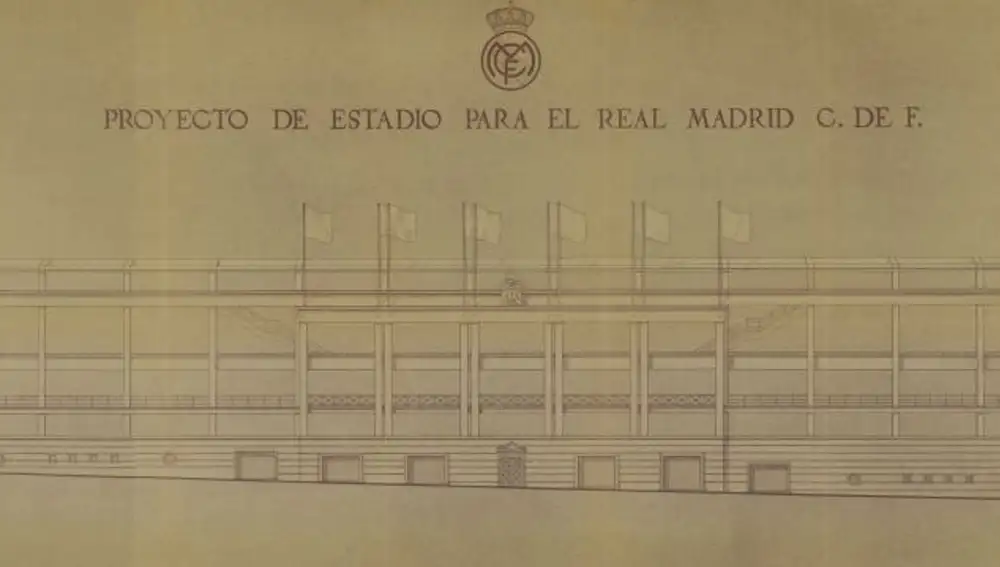 Proyecto de estadio para el Real Madrid C. de F. Fecha: Febrero 1945. Lugar: Madrid. Descripción: &quot;Alzado Oeste / Madrid, Febrero de 1945&quot;. Firmado por los Arquitectos y el Presidente del Real Madrid Club de Futbol, Santiago Bernabéu. Escala 1:100. 245 x 61 cm