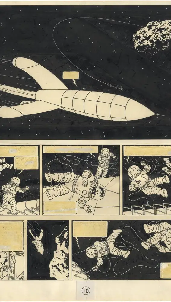 George Rémi, Hergé. «On a marché sur la Lune». Tintin, vol. 17, página 6, Casterman. 1954. Tinta china sobre papel. 9e Art Références, París.