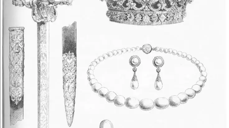 Detalle del Ajuar de boda de los Reyes Alfonso XII y María de las Mercedes. Lo componen dos coronas, unos pendientes de perlas, un collar, y una espada.