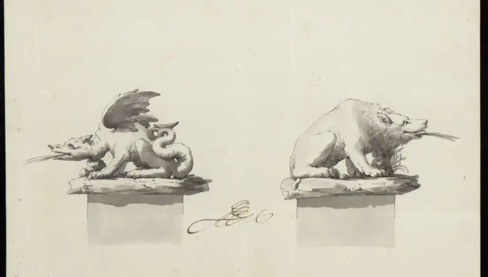 Bocetos del dragón y el oso para la Cibeles