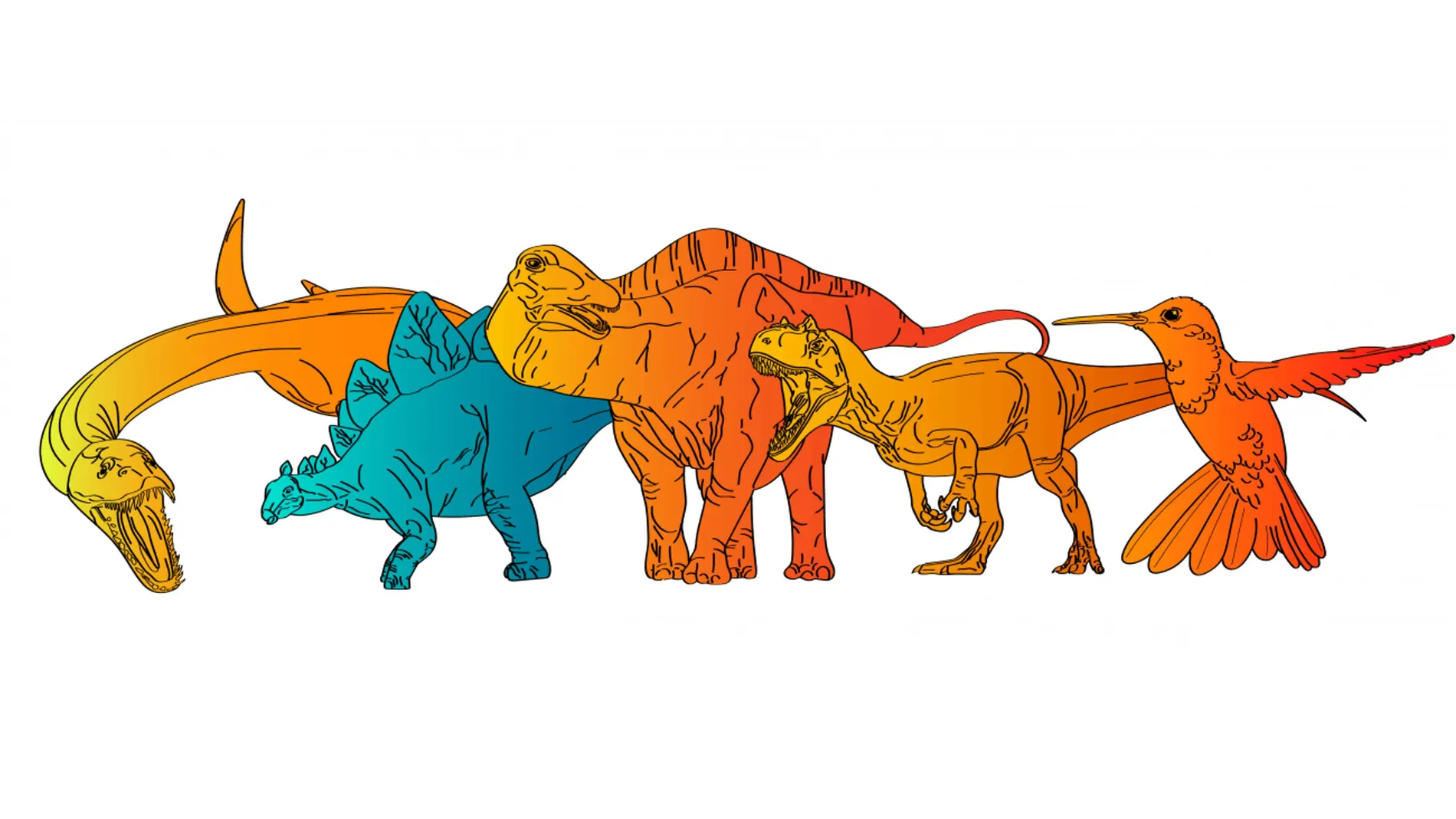 Representación de las tasas metabólicas de varios animales, de izquierda a derecha: un reptil marino, tres dinosaurios no avianos y un ave.