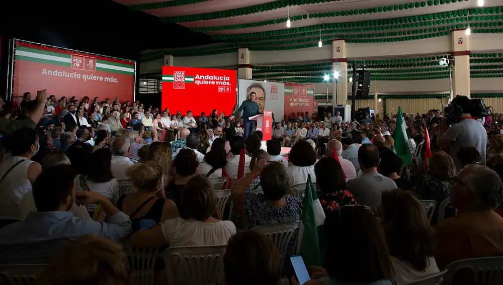 El secretario general del PSOE y presidente del Gobierno, Pedro Sánchez en el acto de la formación en Dos Hermanas. Europa Press