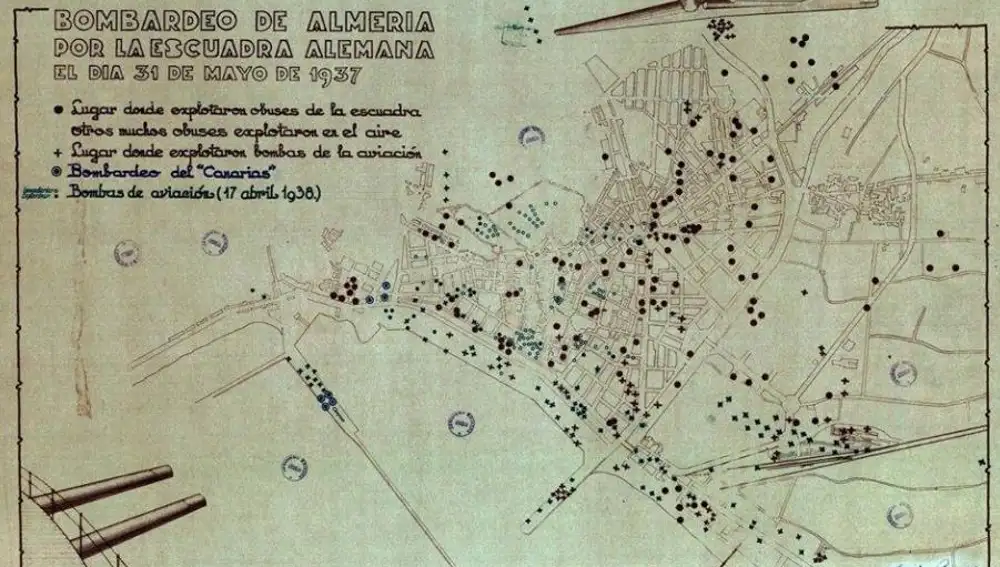 Plano de Almería que recogió los impactos de la bombas lanzadas por la armada alemana